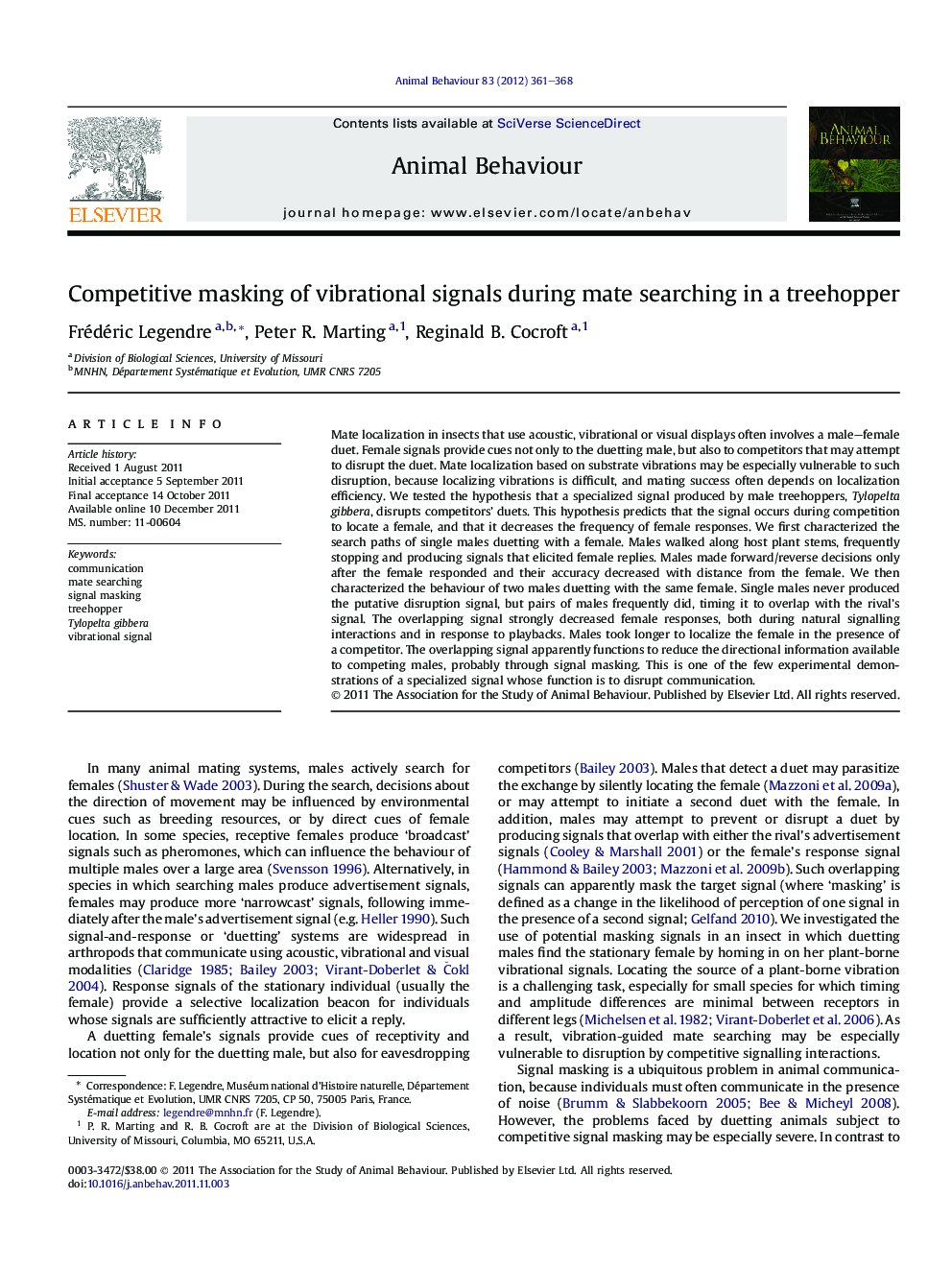 Competitive masking of vibrational signals during mate searching in a treehopper