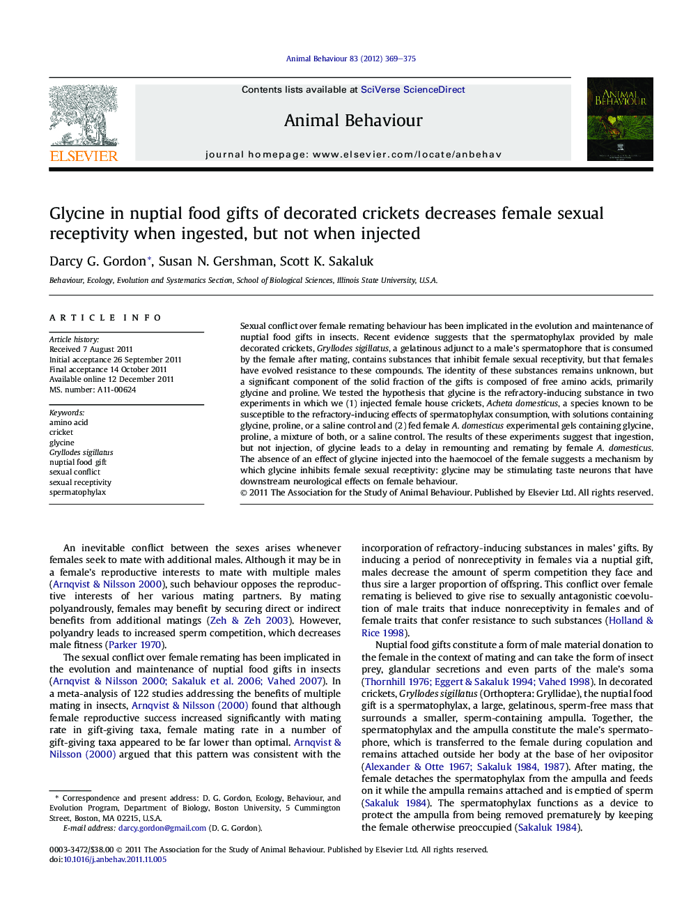 Glycine in nuptial food gifts of decorated crickets decreases female sexual receptivity when ingested, but not when injected