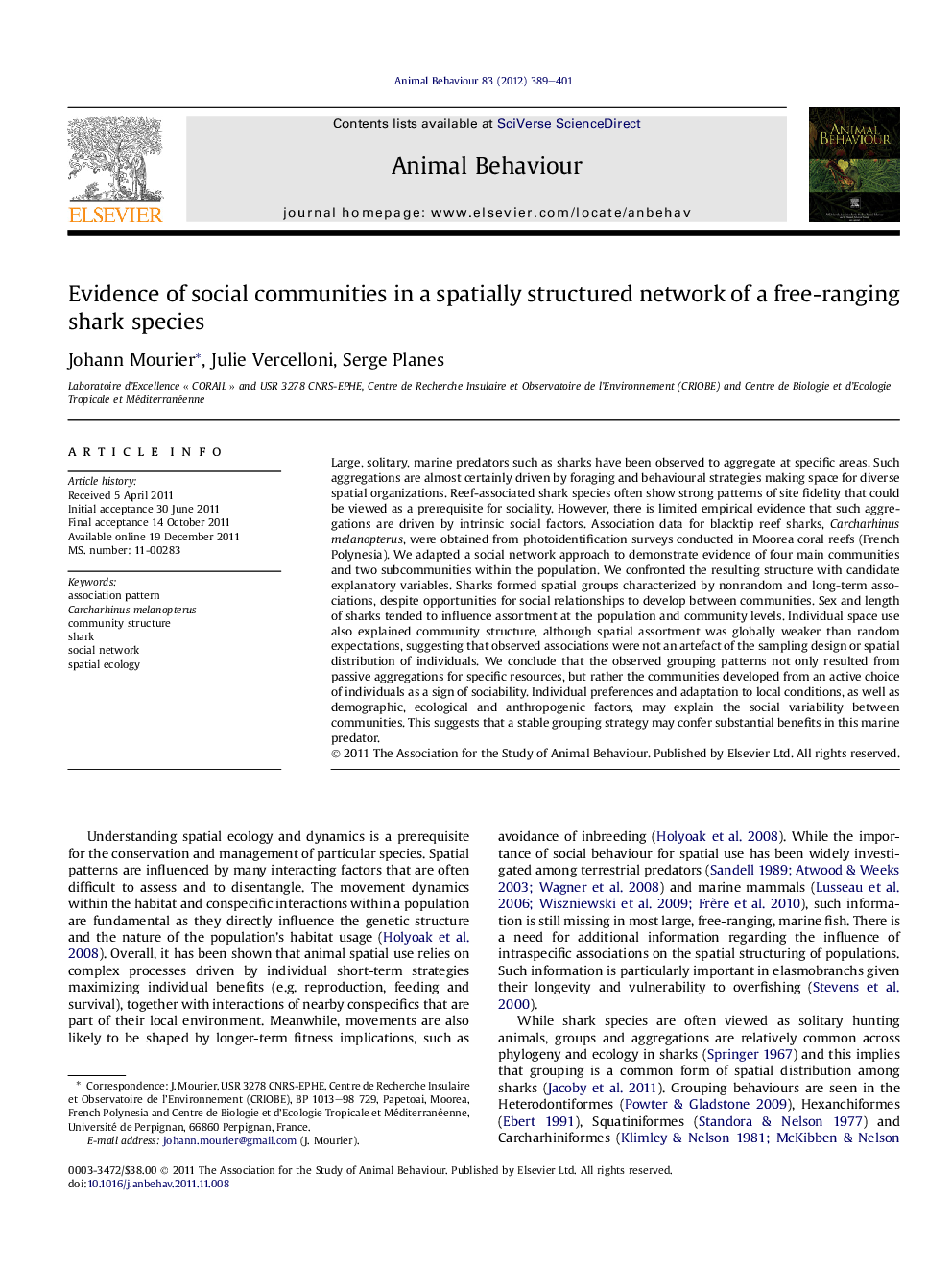 Evidence of social communities in a spatially structured network of a free-ranging shark species