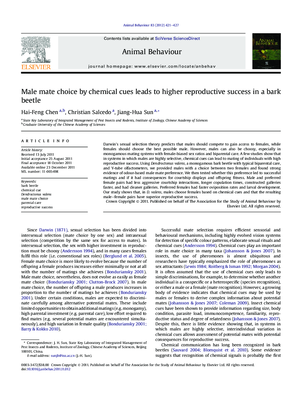 Male mate choice by chemical cues leads to higher reproductive success in a bark beetle