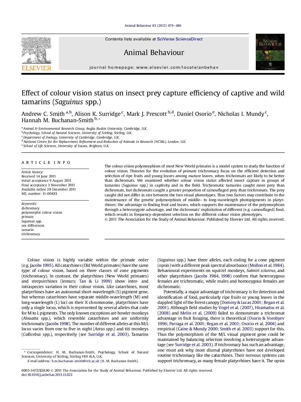 Effect of colour vision status on insect prey capture efficiency of captive and wild tamarins (Saguinus spp.)