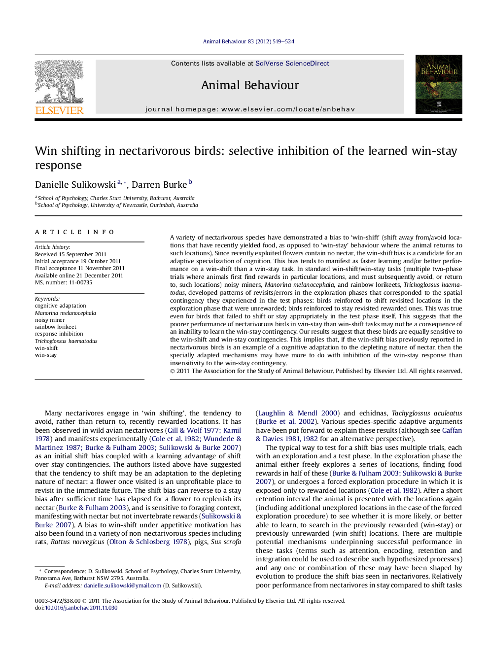 Win shifting in nectarivorous birds: selective inhibition of the learned win-stay response