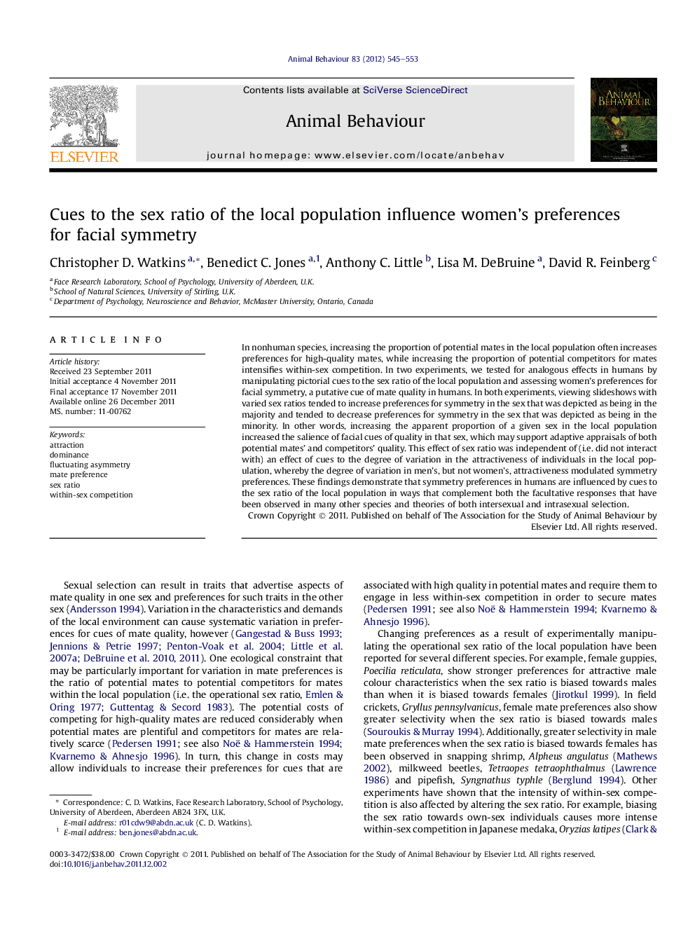 Cues to the sex ratio of the local population influence women’s preferences for facial symmetry