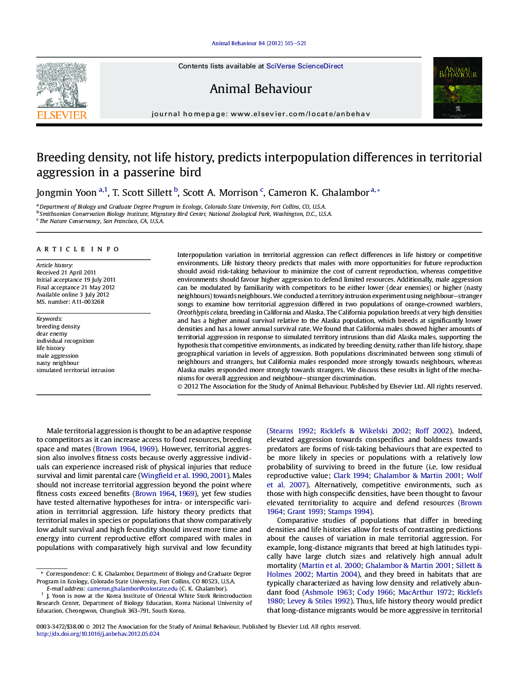 Breeding density, not life history, predicts interpopulation differences in territorial aggression in a passerine bird