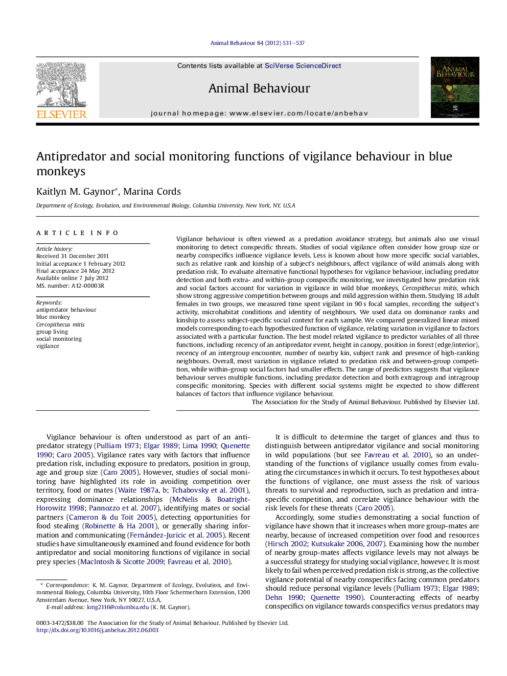 Antipredator and social monitoring functions of vigilance behaviour in blue monkeys