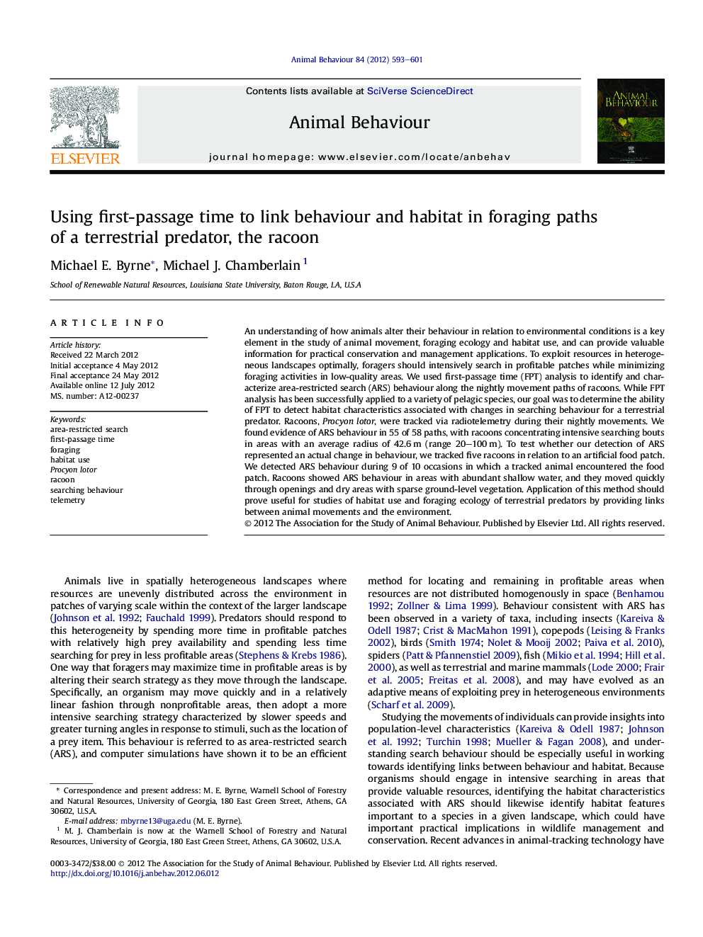 Using first-passage time to link behaviour and habitat in foraging paths of a terrestrial predator, the racoon