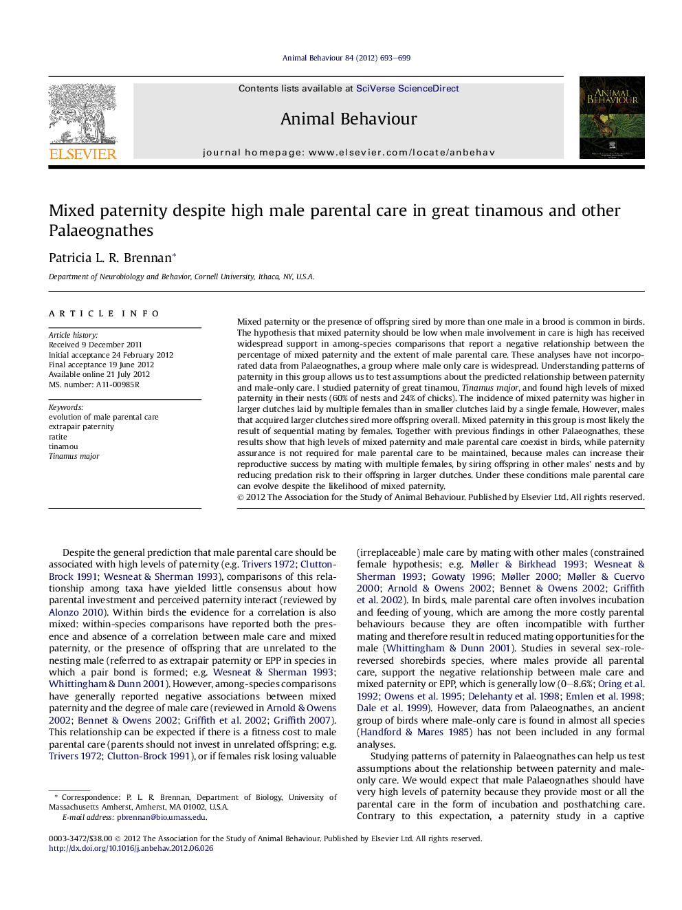 Mixed paternity despite high male parental care in great tinamous and other Palaeognathes