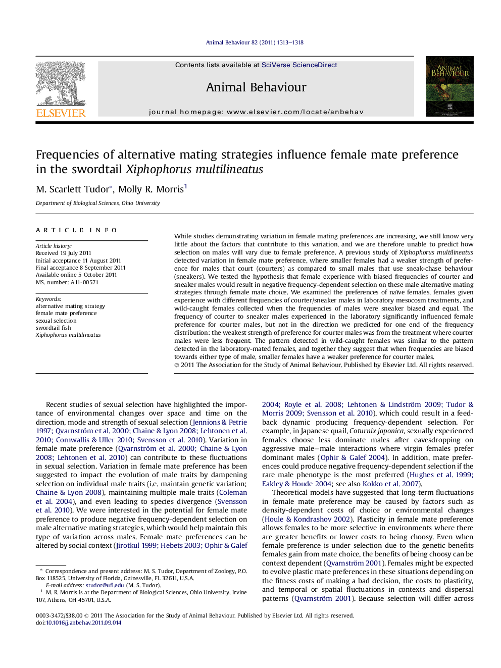 Frequencies of alternative mating strategies influence female mate preference in the swordtail Xiphophorus multilineatus