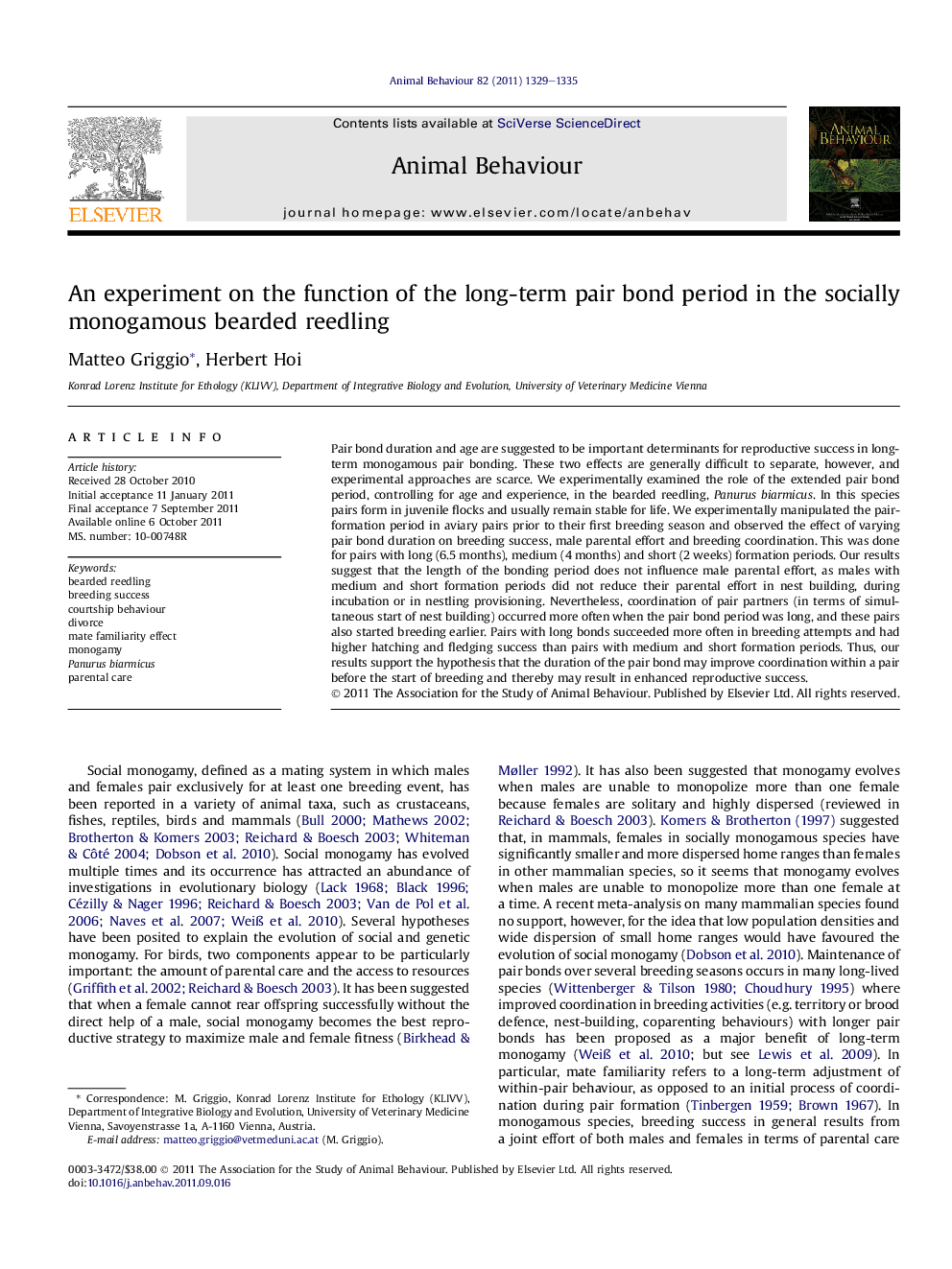 An experiment on the function of the long-term pair bond period in the socially monogamous bearded reedling