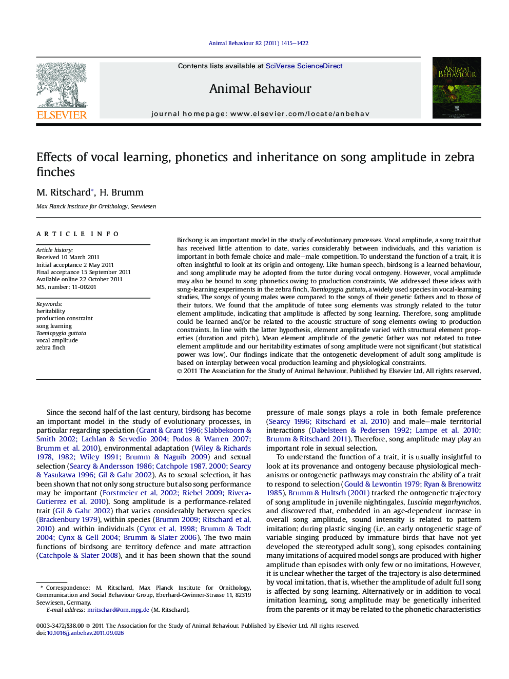 Effects of vocal learning, phonetics and inheritance on song amplitude in zebra finches