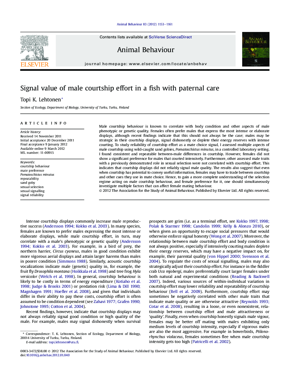 Signal value of male courtship effort in a fish with paternal care