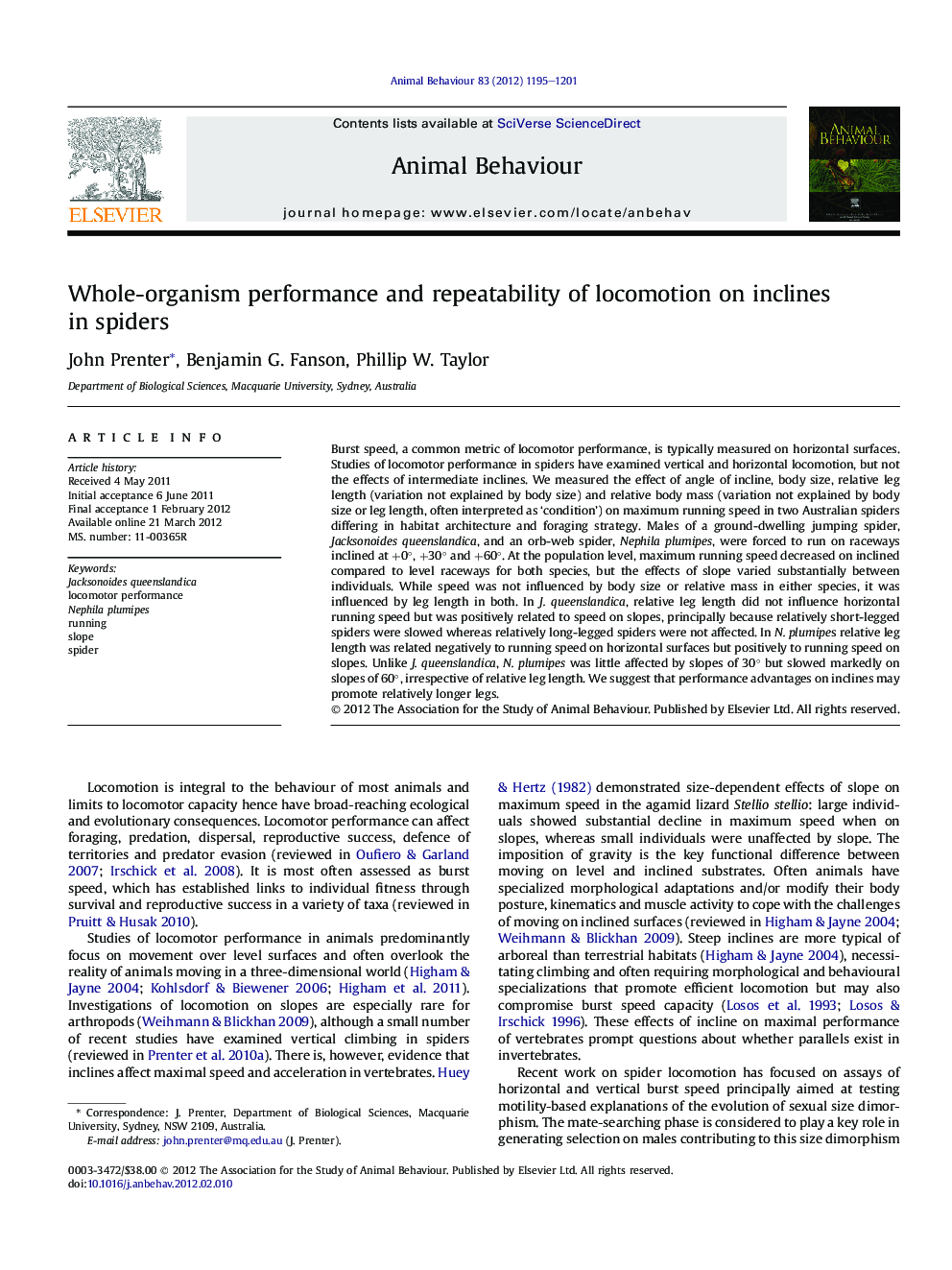 Whole-organism performance and repeatability of locomotion on inclines in spiders