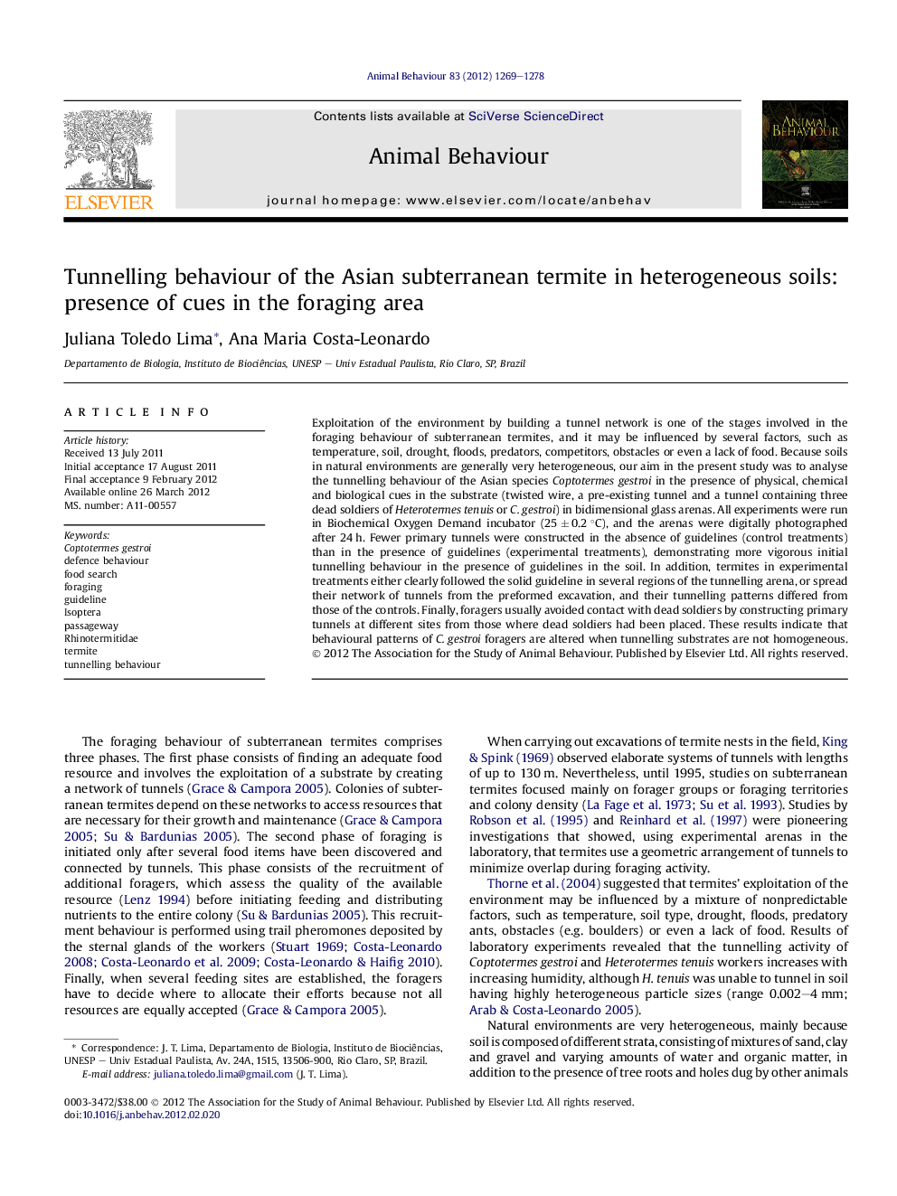 Tunnelling behaviour of the Asian subterranean termite in heterogeneous soils: presence of cues in the foraging area