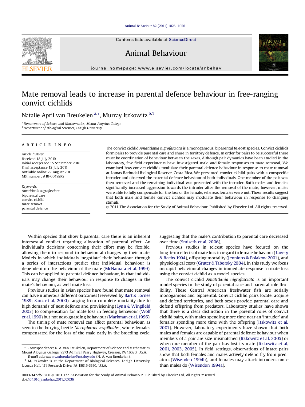 Mate removal leads to increase in parental defence behaviour in free-ranging convict cichlids