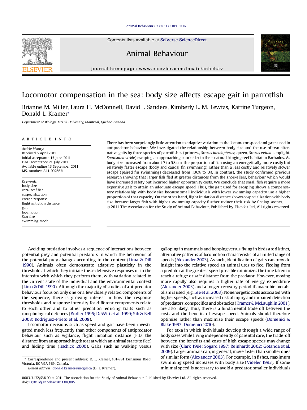 Locomotor compensation in the sea: body size affects escape gait in parrotfish