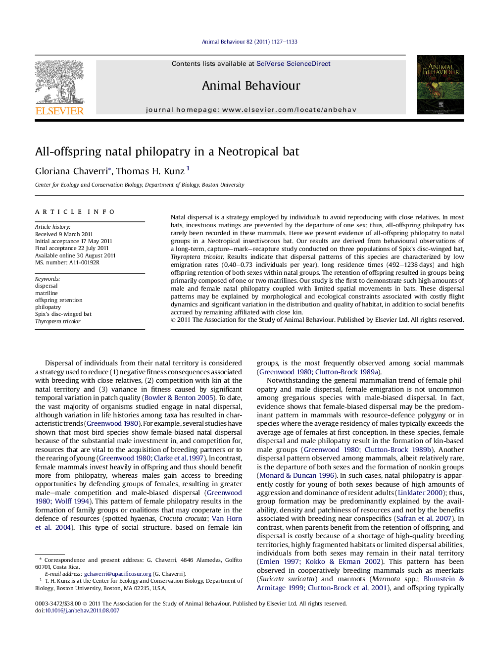 All-offspring natal philopatry in a Neotropical bat