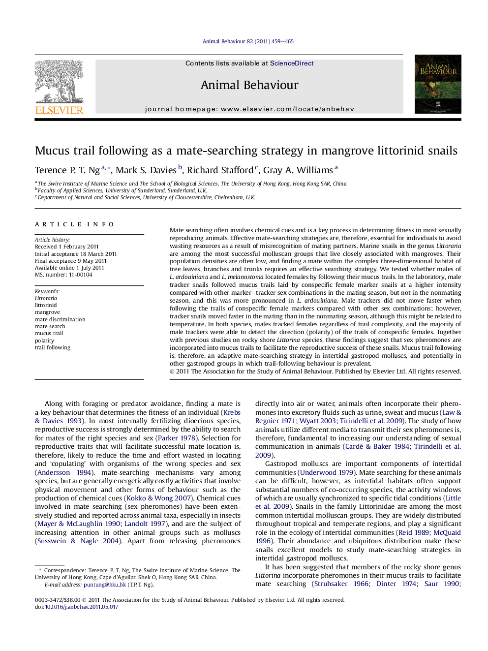 Mucus trail following as a mate-searching strategy in mangrove littorinid snails