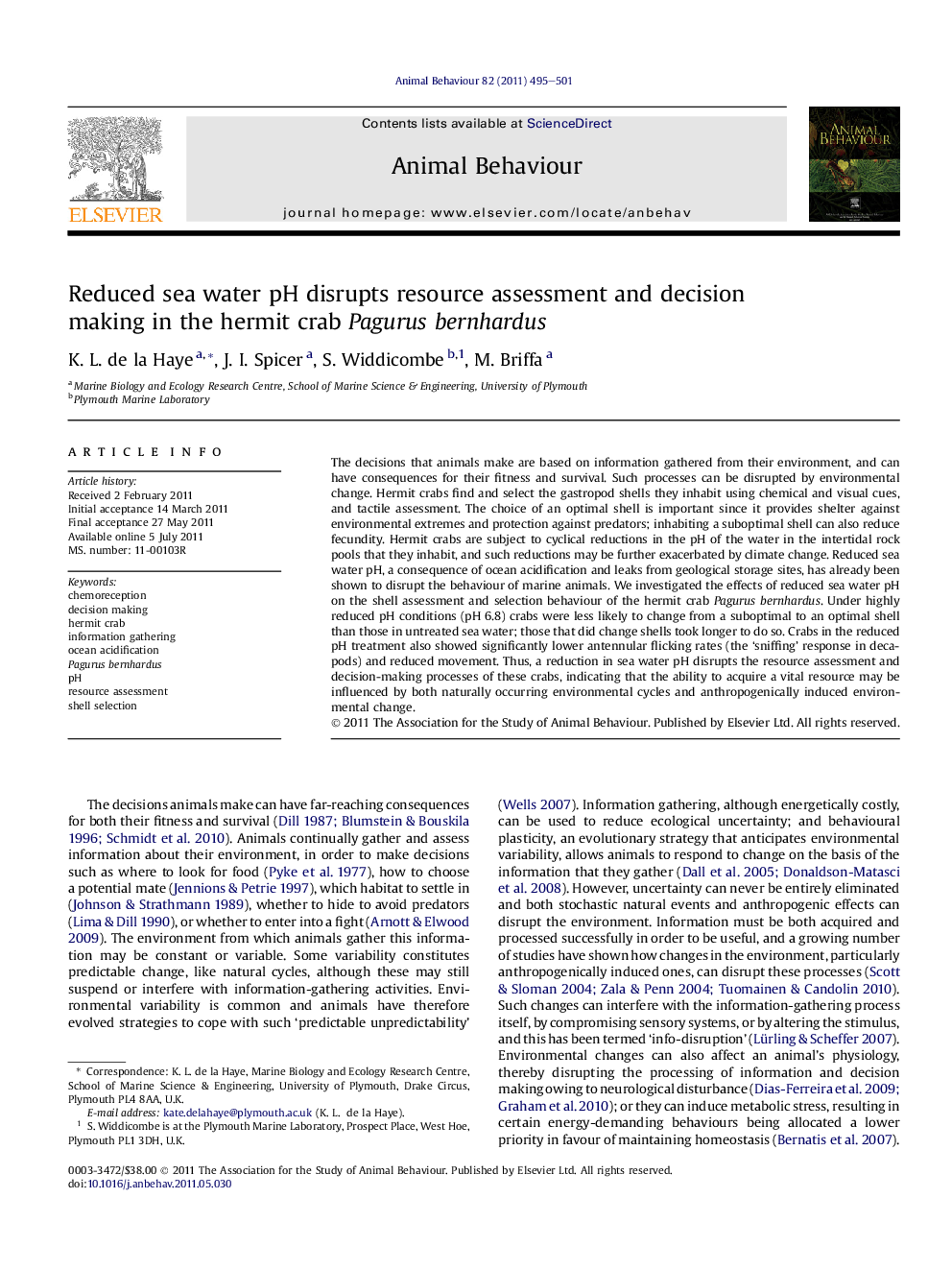 Reduced sea water pH disrupts resource assessment and decision making in the hermit crab Pagurus bernhardus