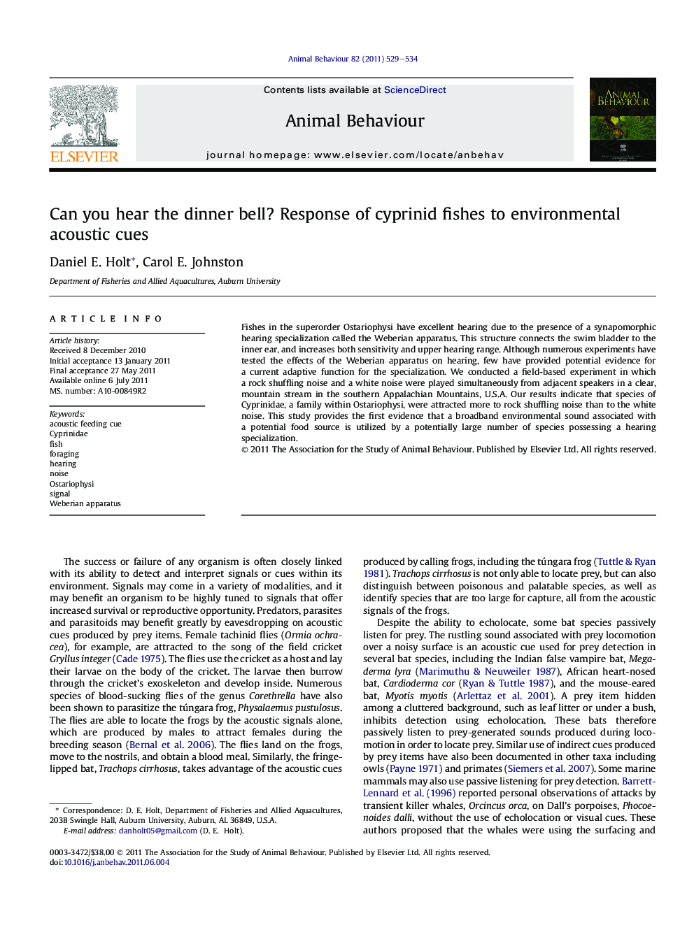 Can you hear the dinner bell? Response of cyprinid fishes to environmental acoustic cues