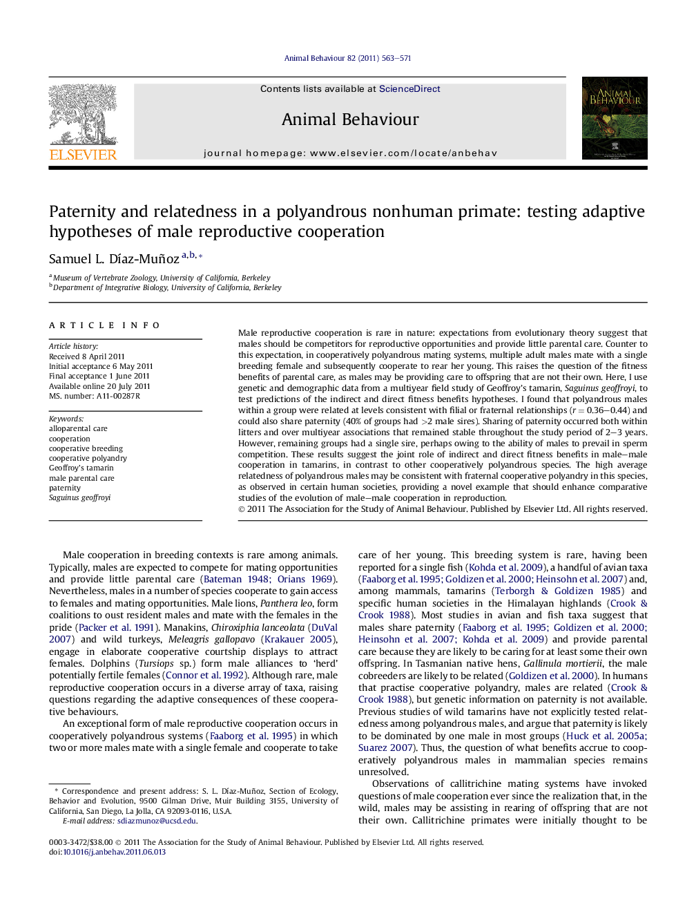 Paternity and relatedness in a polyandrous nonhuman primate: testing adaptive hypotheses of male reproductive cooperation