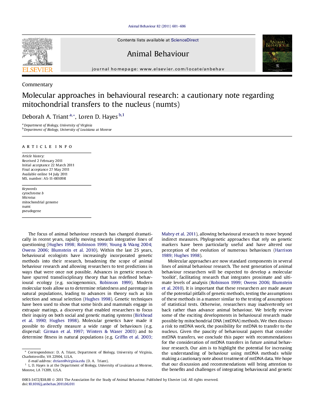 Molecular approaches in behavioural research: a cautionary note regarding mitochondrial transfers to the nucleus (numts)