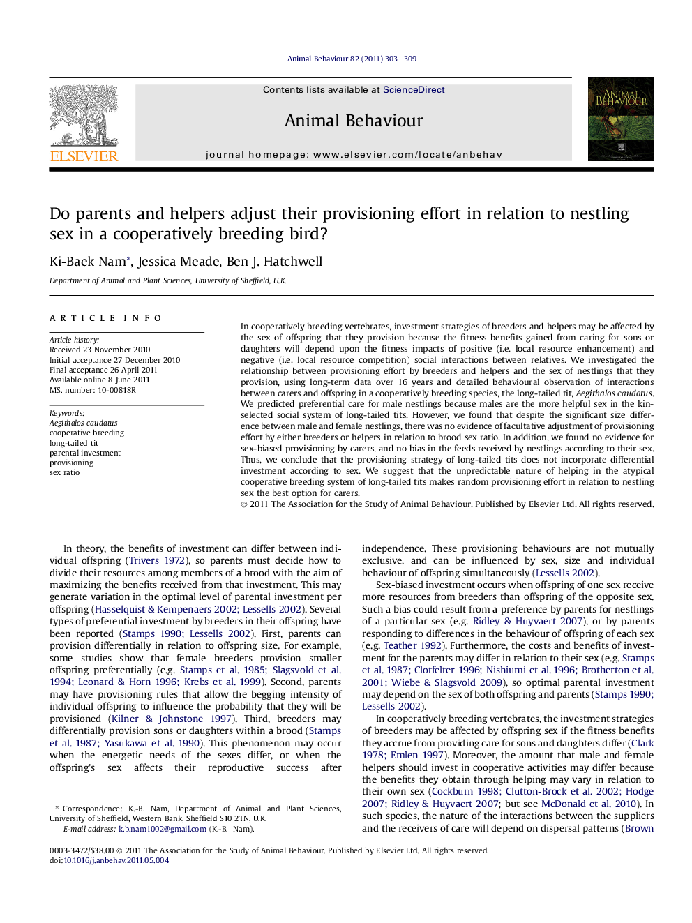 Do parents and helpers adjust their provisioning effort in relation to nestling sex in a cooperatively breeding bird?