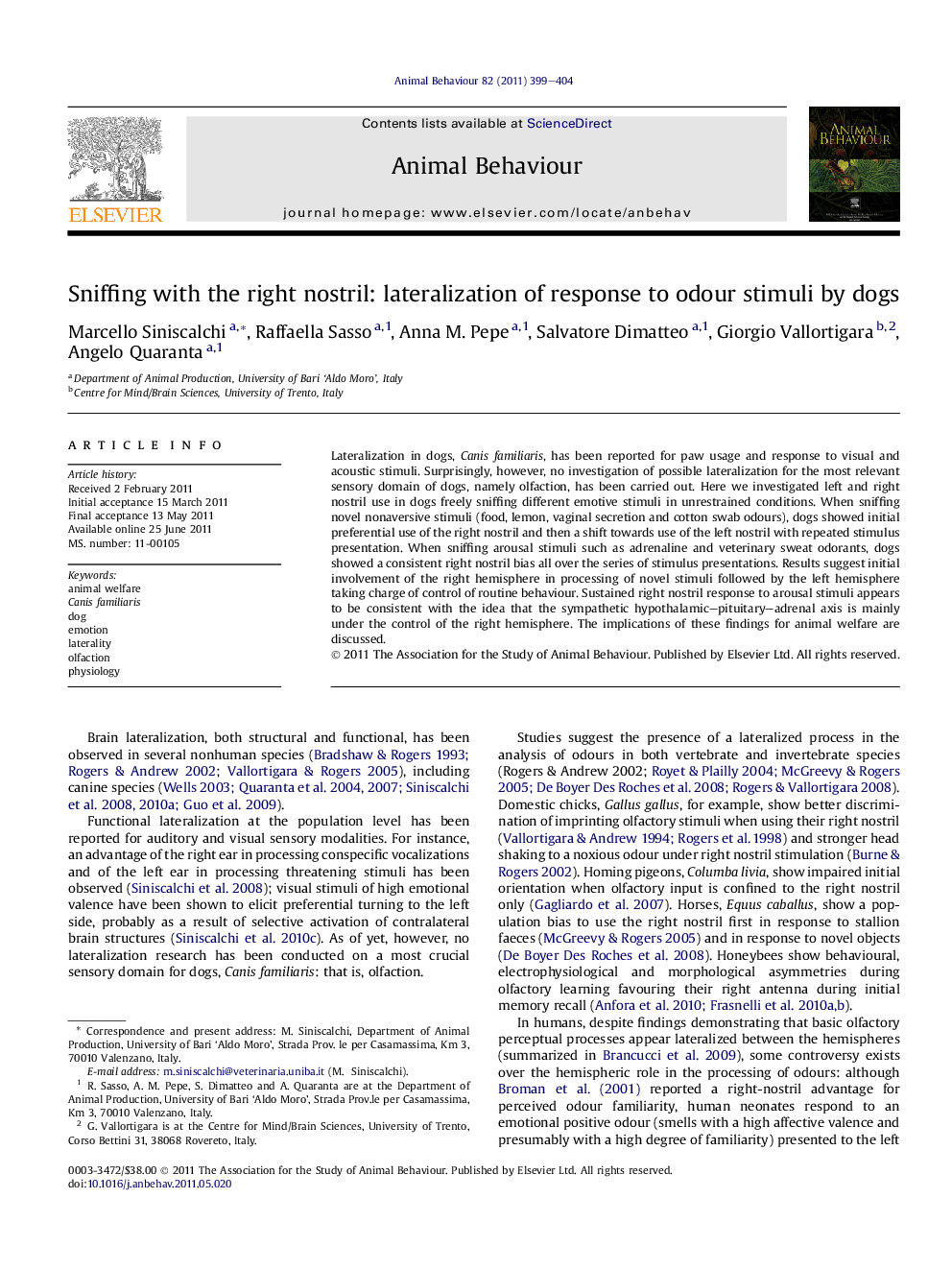 Sniffing with the right nostril: lateralization of response to odour stimuli by dogs