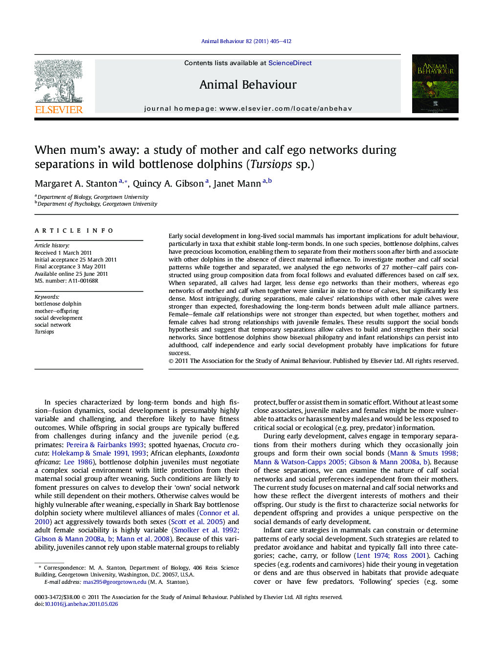 When mum’s away: a study of mother and calf ego networks during separations in wild bottlenose dolphins (Tursiops sp.)