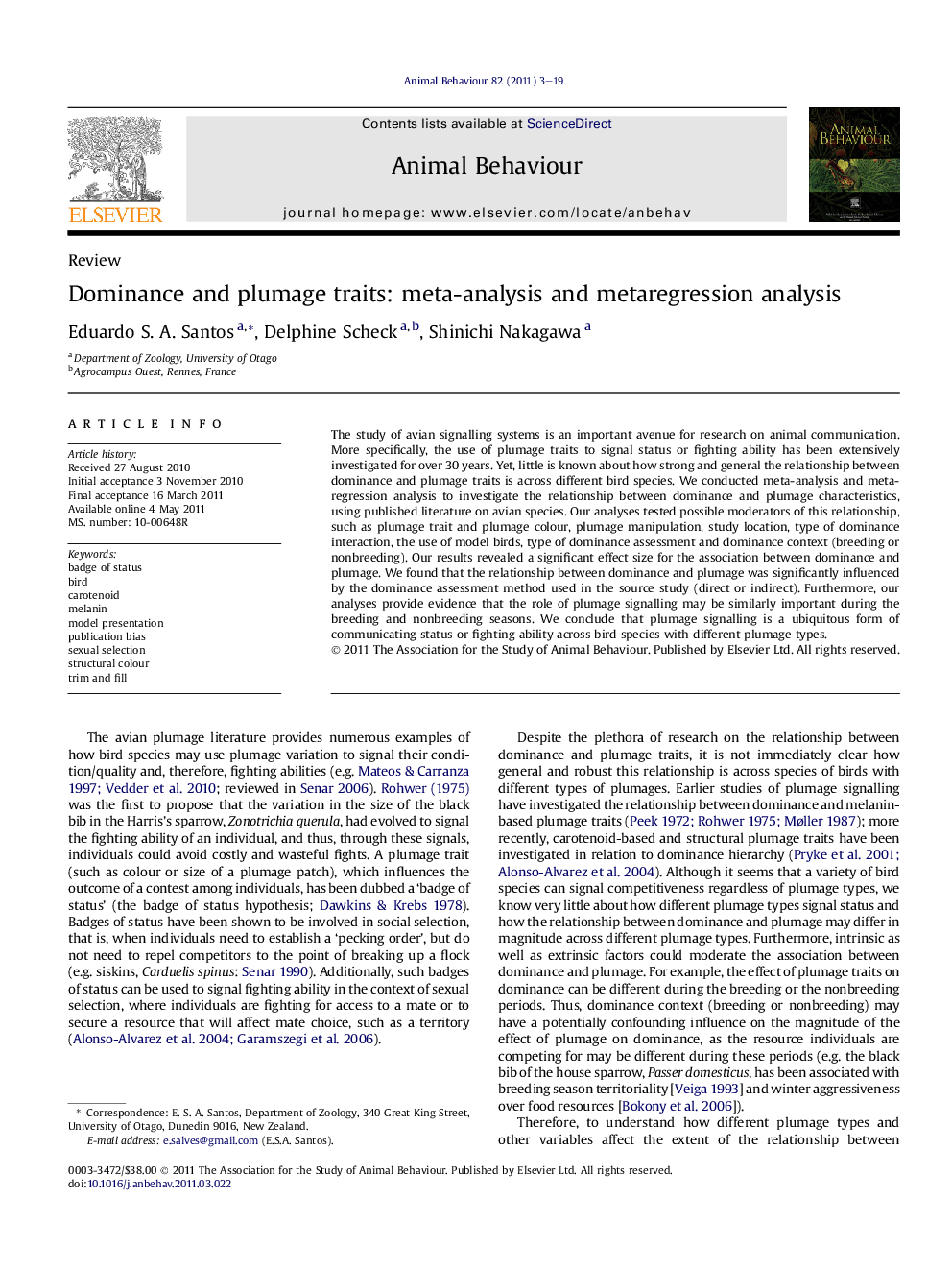 Dominance and plumage traits: meta-analysis and metaregression analysis