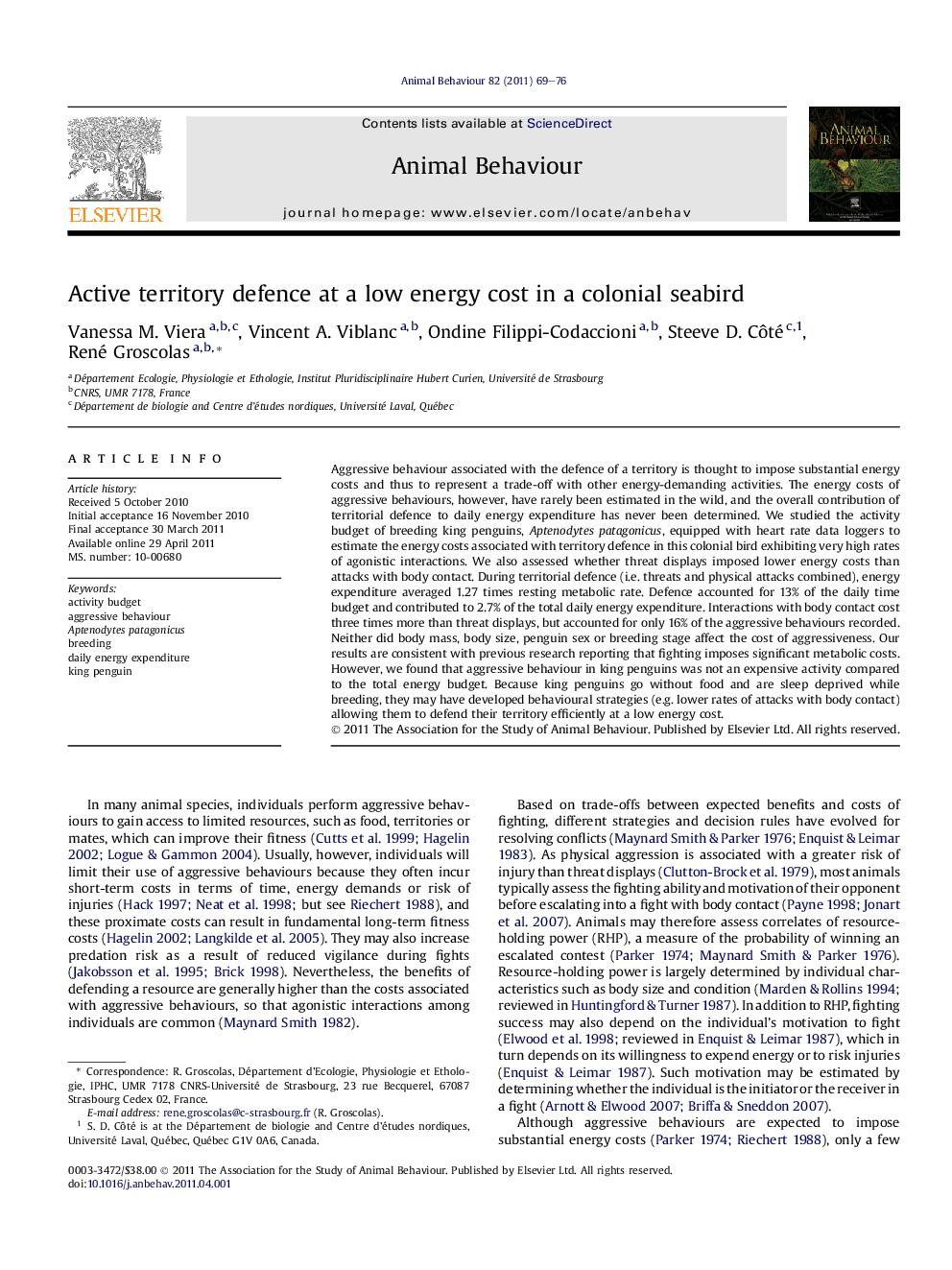 Active territory defence at a low energy cost in a colonial seabird