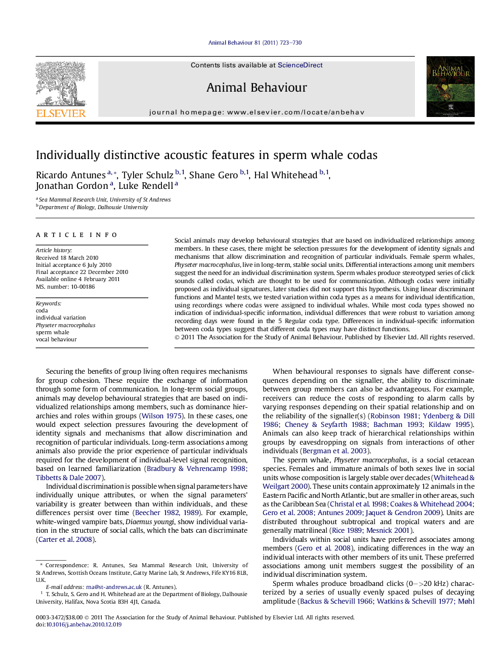 Individually distinctive acoustic features in sperm whale codas