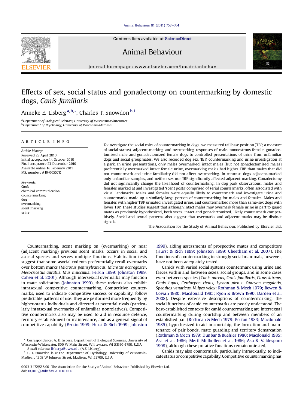 Effects of sex, social status and gonadectomy on countermarking by domestic dogs, Canis familiaris