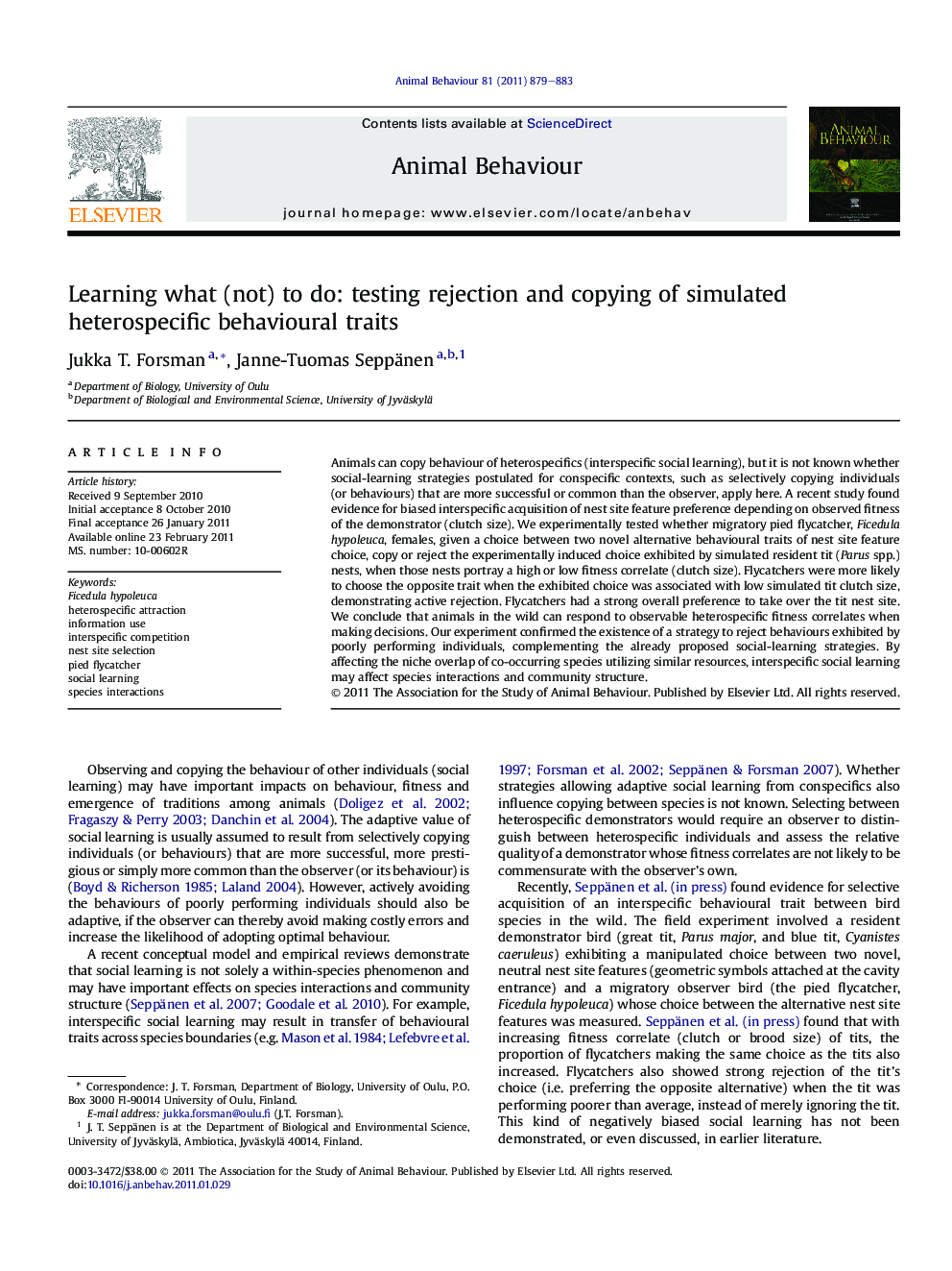 عکس صفحه اول مقاله: Learning what (not) to do: testing rejection and copying of simulated heterospecific behavioural traits Learning what (not) to do: testing rejection and copying of simulated heterospecific behavioural traits
