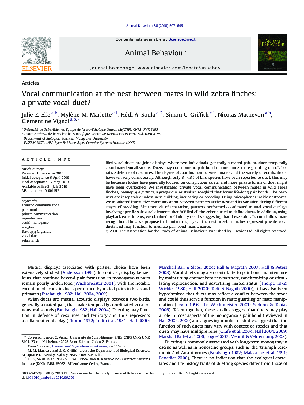 Vocal communication at the nest between mates in wild zebra finches: a private vocal duet?