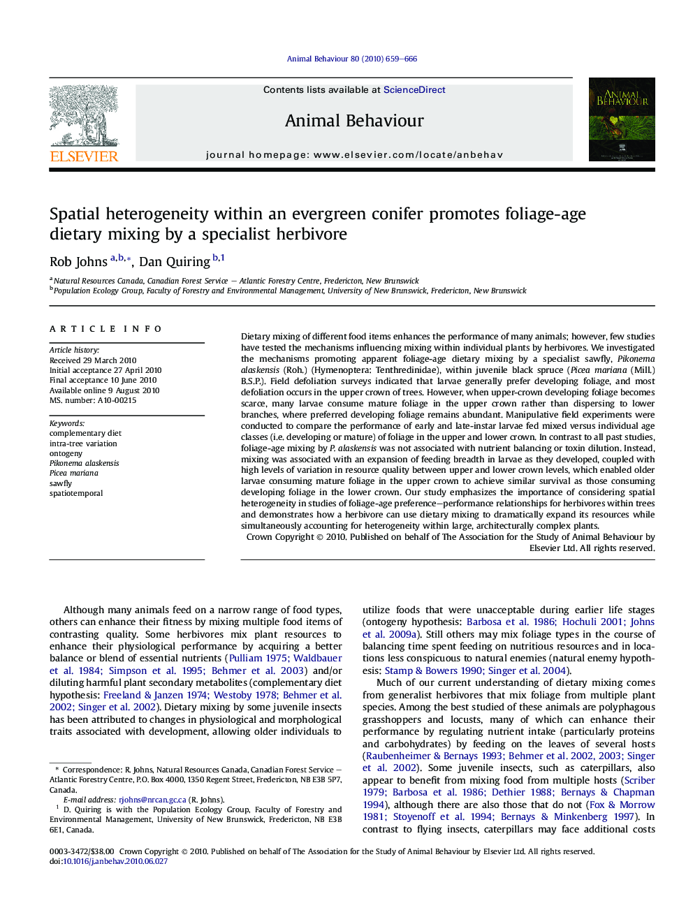 Spatial heterogeneity within an evergreen conifer promotes foliage-age dietary mixing by a specialist herbivore