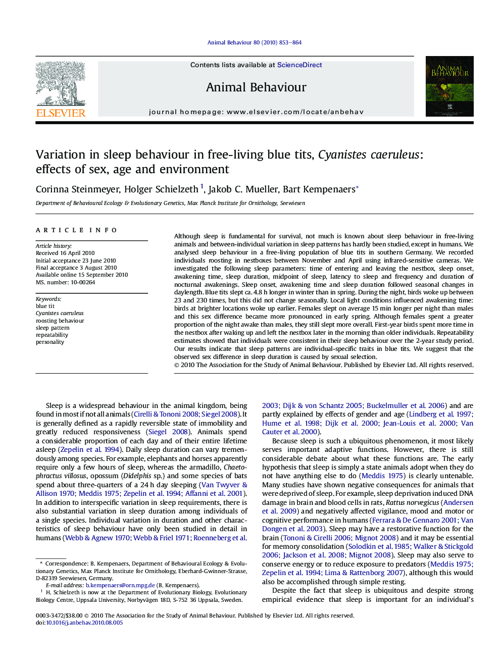 Variation in sleep behaviour in free-living blue tits, Cyanistes caeruleus: effects of sex, age and environment