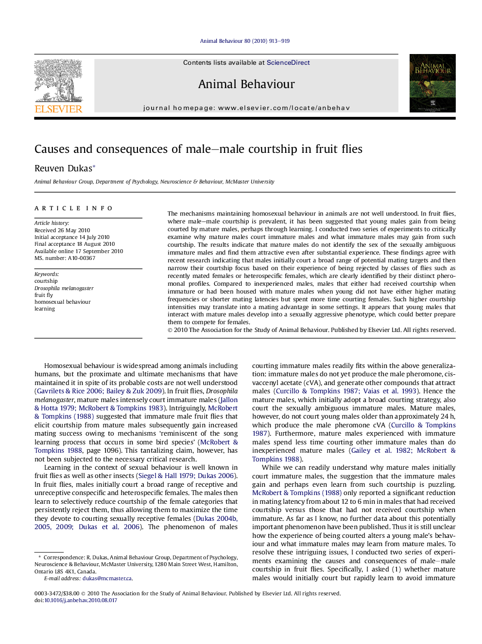 Causes and consequences of male–male courtship in fruit flies