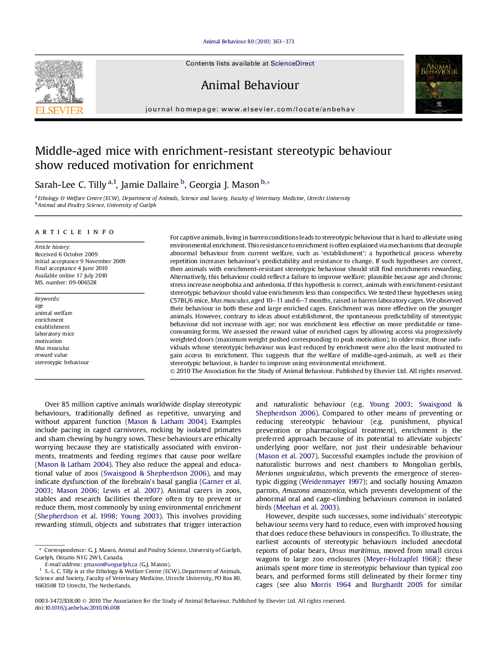 Middle-aged mice with enrichment-resistant stereotypic behaviour show reduced motivation for enrichment