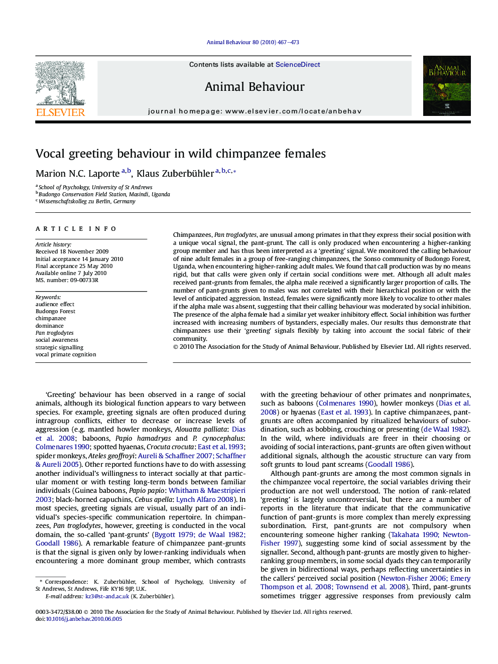 Vocal greeting behaviour in wild chimpanzee females