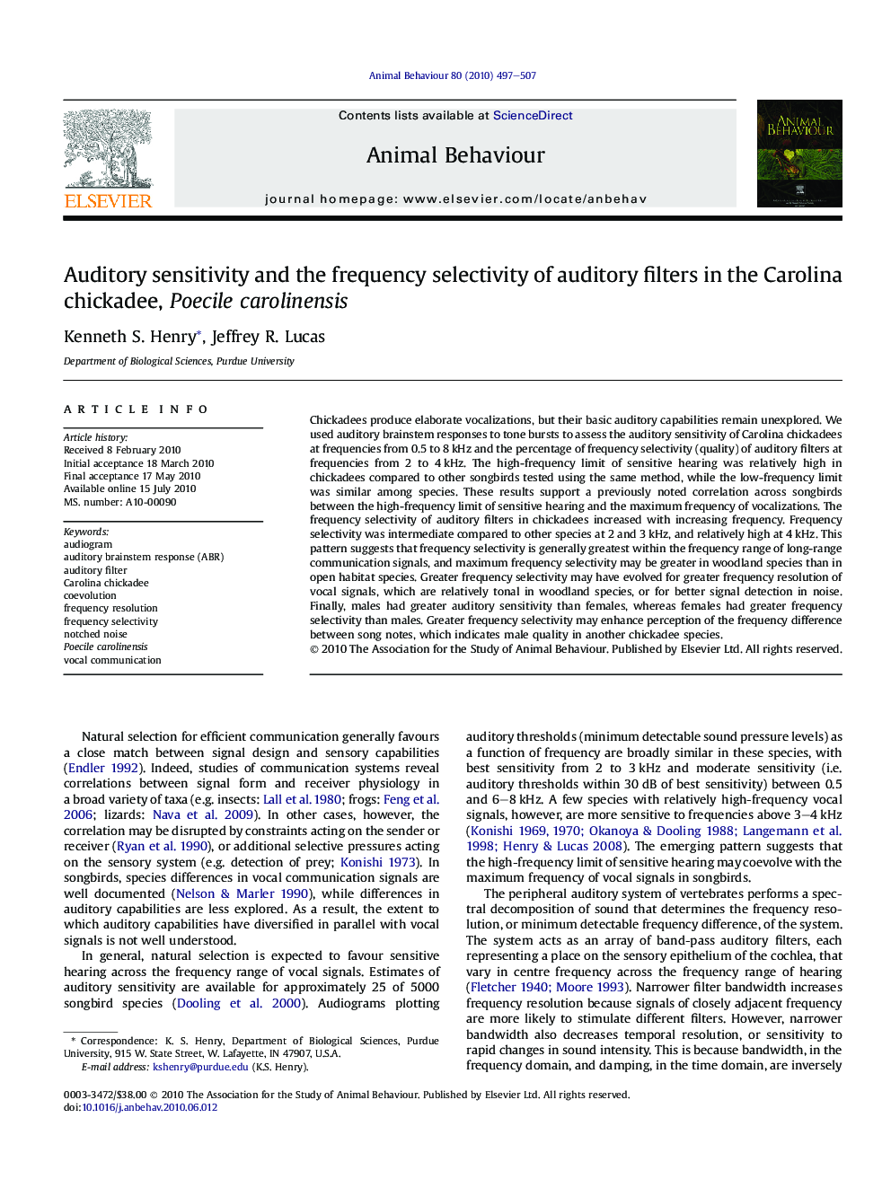 Auditory sensitivity and the frequency selectivity of auditory filters in the Carolina chickadee, Poecile carolinensis