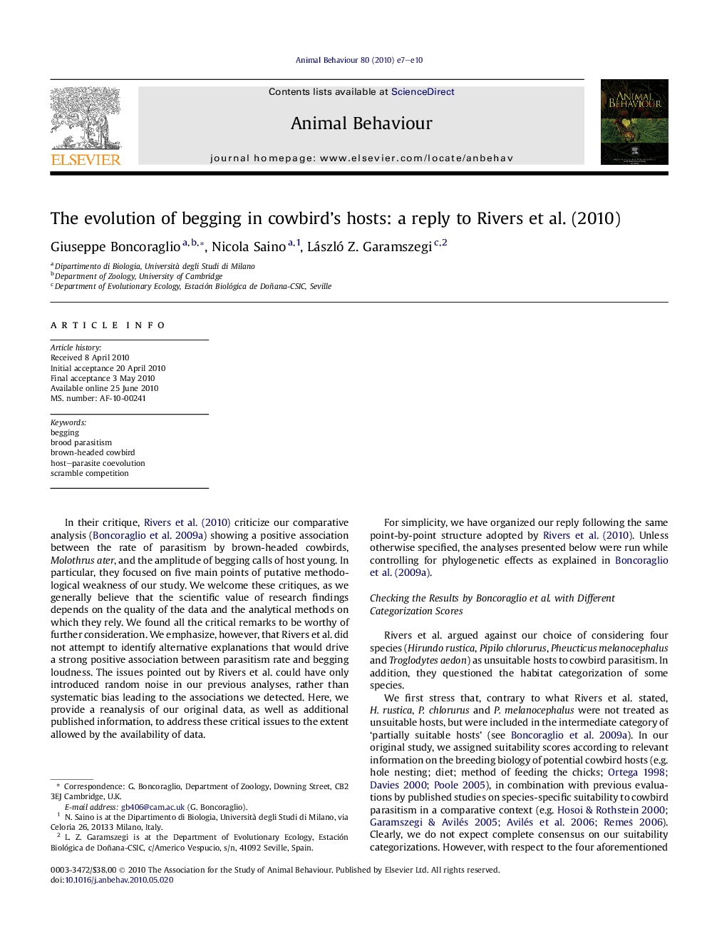 The evolution of begging in cowbird's hosts: a reply to Rivers etÂ al. (2010)