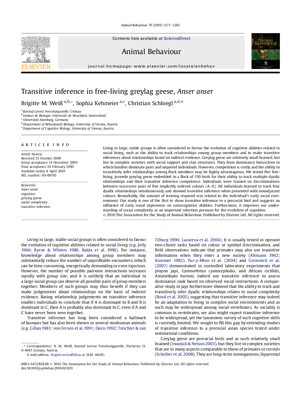 Transitive inference in free-living greylag geese, Anser anser