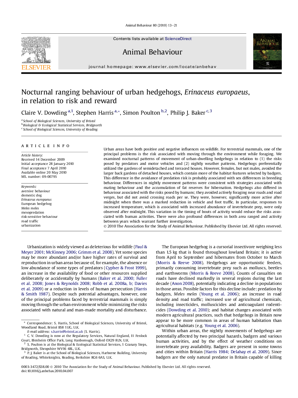 Nocturnal ranging behaviour of urban hedgehogs, Erinaceus europaeus, in relation to risk and reward