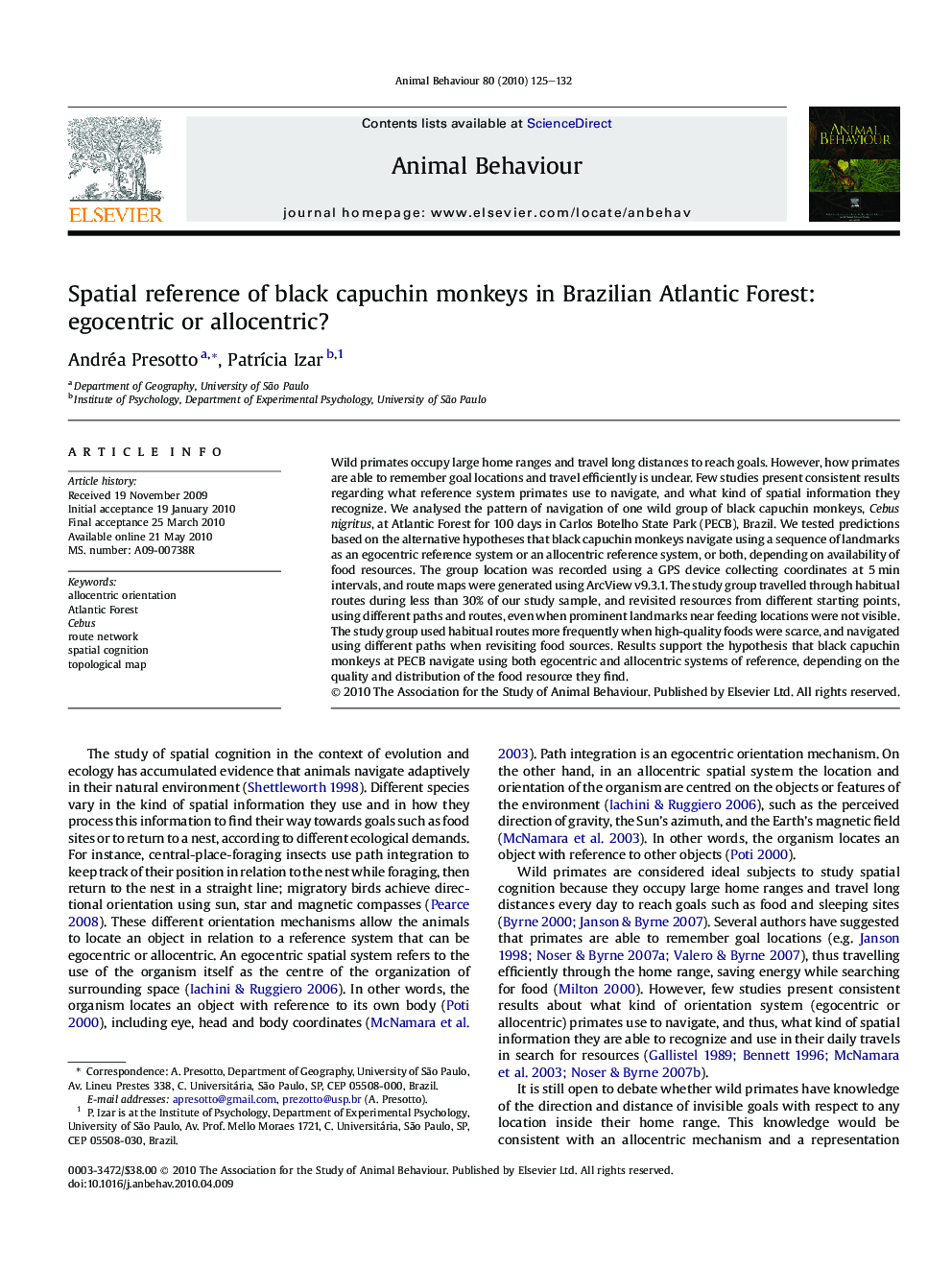 Spatial reference of black capuchin monkeys in Brazilian Atlantic Forest: egocentric or allocentric?