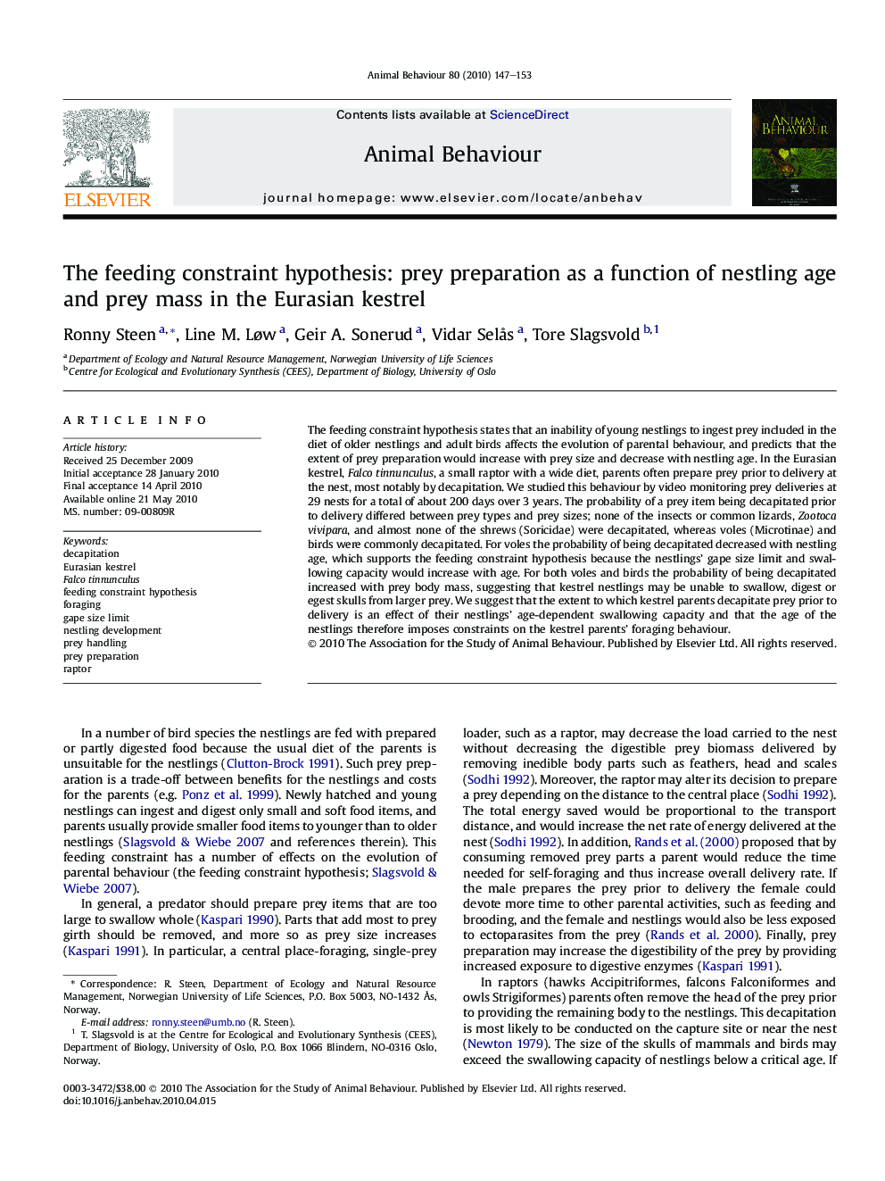 The feeding constraint hypothesis: prey preparation as a function of nestling age and prey mass in the Eurasian kestrel