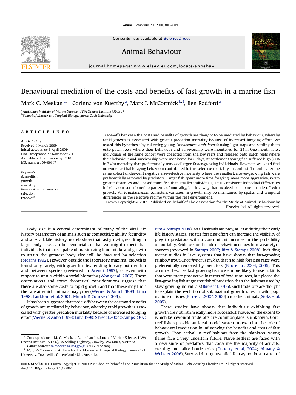 Behavioural mediation of the costs and benefits of fast growth in a marine fish