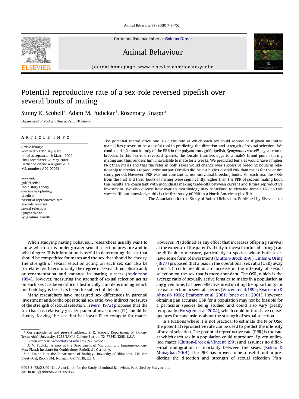 Potential reproductive rate of a sex-role reversed pipefish over several bouts of mating