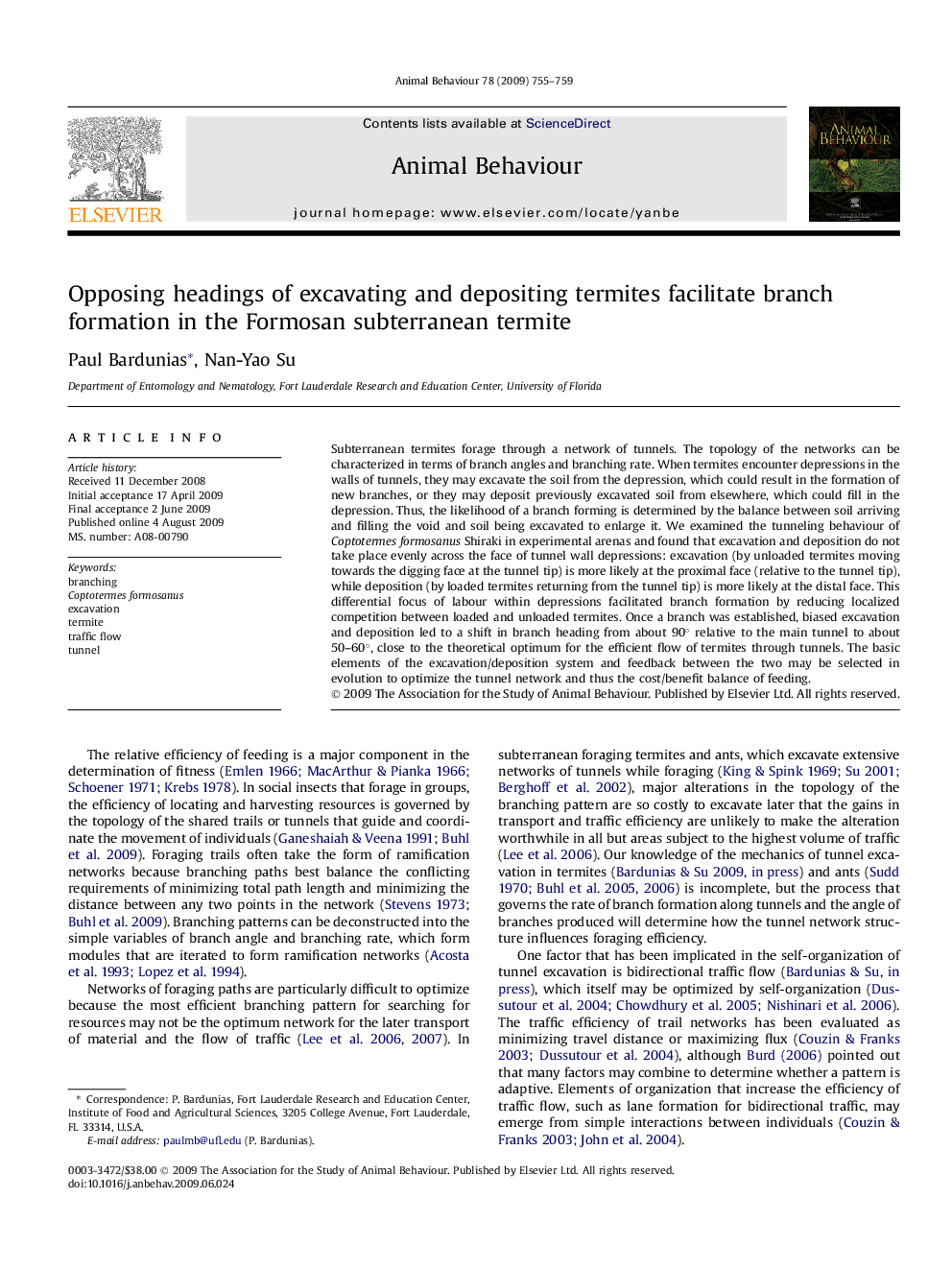 Opposing headings of excavating and depositing termites facilitate branch formation in the Formosan subterranean termite