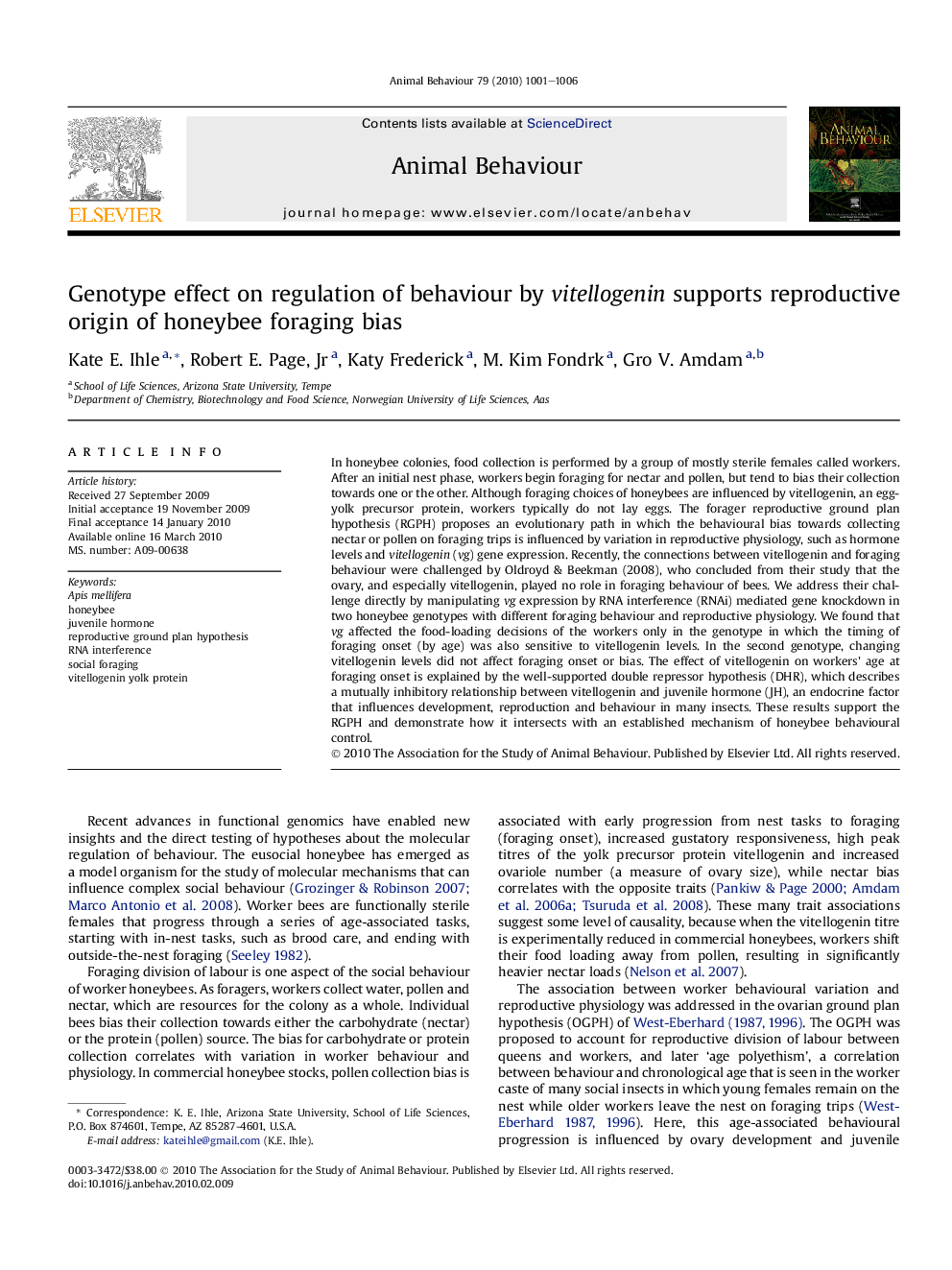 Genotype effect on regulation of behaviour by vitellogenin supports reproductive origin of honeybee foraging bias