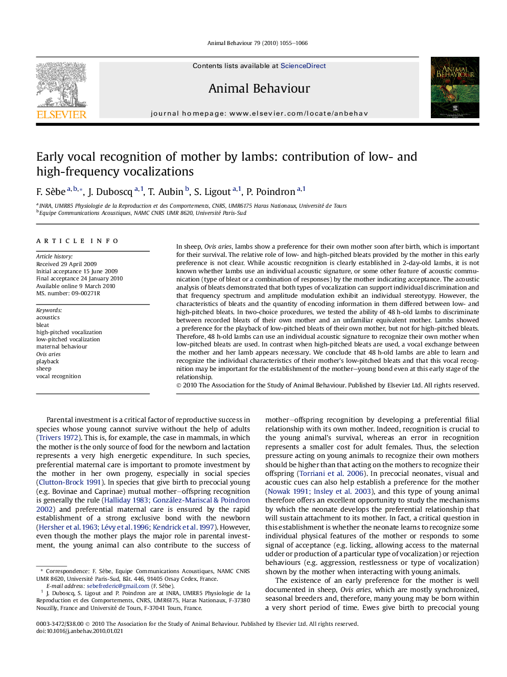 Early vocal recognition of mother by lambs: contribution of low- and high-frequency vocalizations